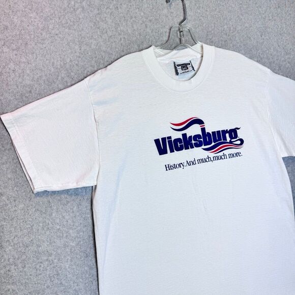 Vintage Lee Total Cotton Mens VICKSBURO print logo white T-Shirt Size large - Picture 4 of 11